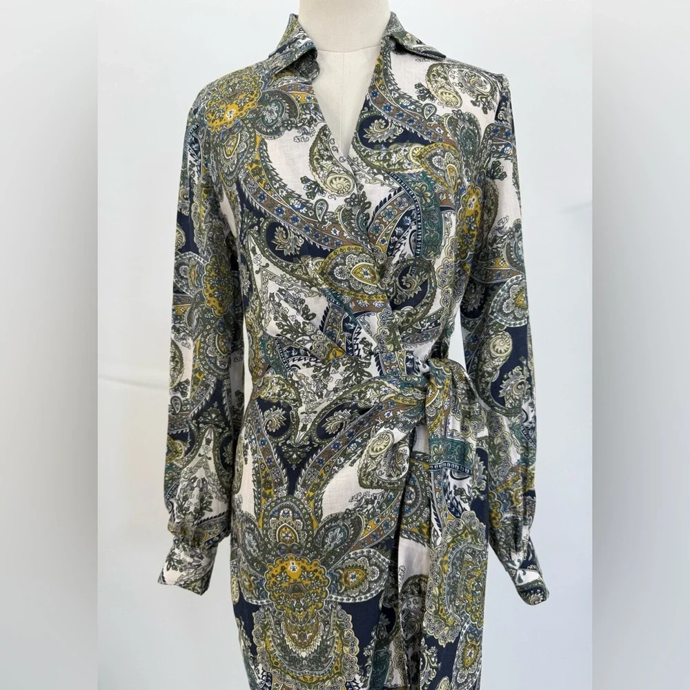 Magaschoni Sophisticated Paisley Belted Wrap Dress – Navy Gold Long Sleeve Midi - Picture 12 of 17